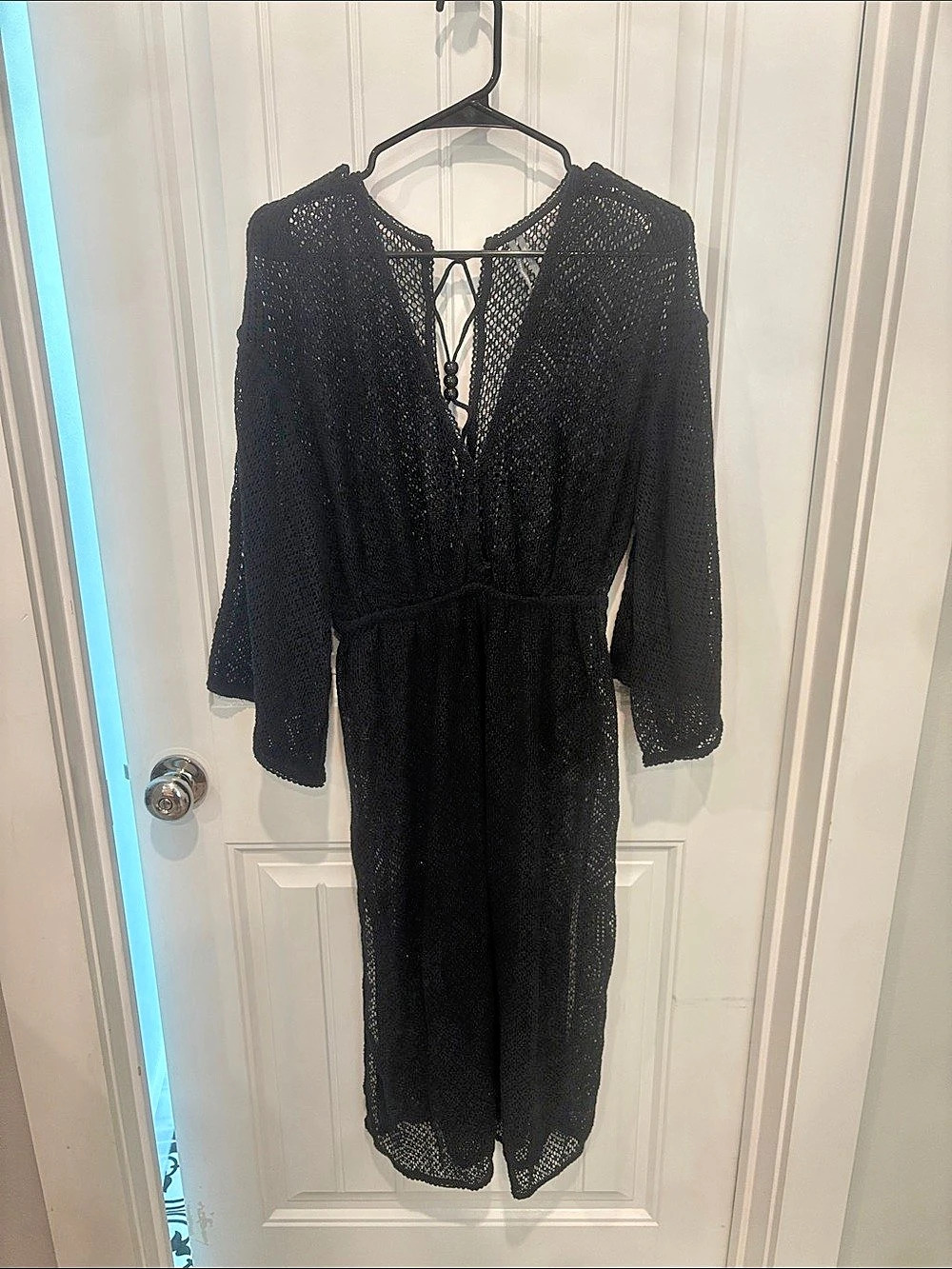 Anviil Roblotelli Black Crochet Lace-Up Midi Cover Up Dress XS